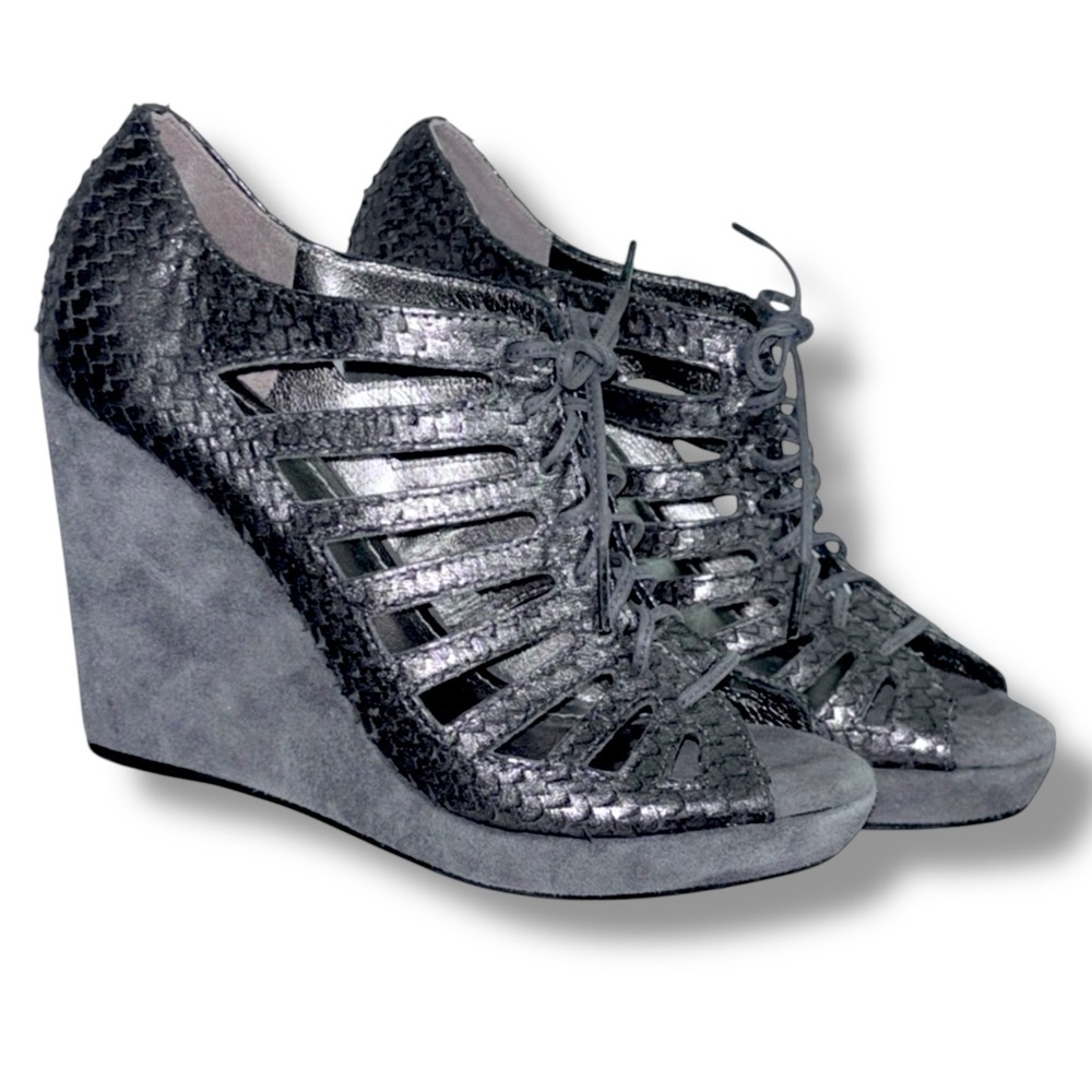 Johnston Murphy Maddie Caged Wedge Platform Sandals Pewter Leather